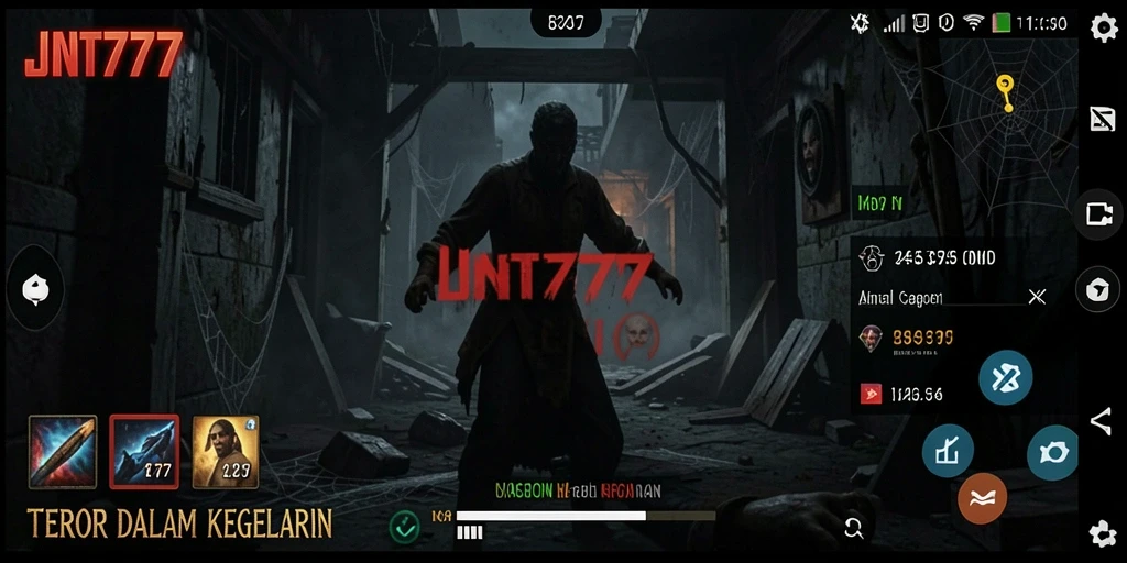 Tampilan gameplay menegangkan dengan suasana mencekam di JNT777.